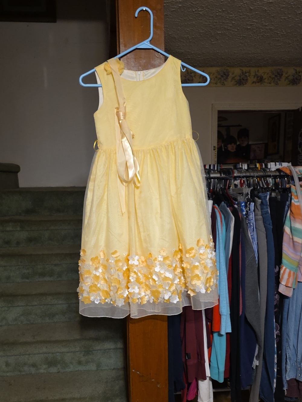 Yellow Floral Hem Girls Sleeveless Party Dress with Satin Bow
